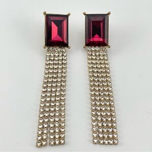 Statement Gold Dangle Earrings w/ Red Crystal & Rhinestone Fringe Glam